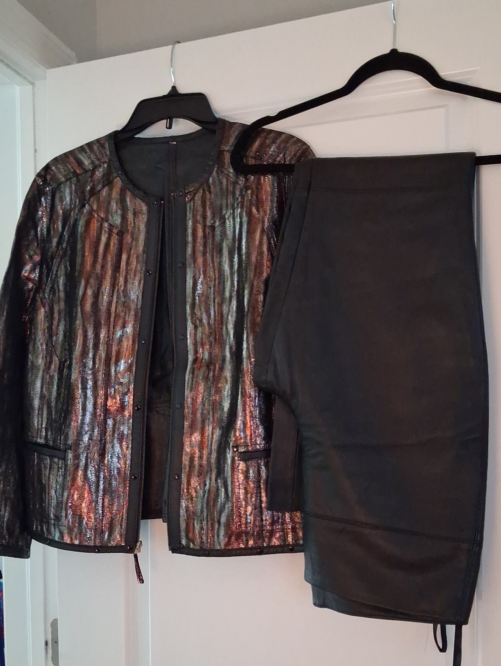 Express Iridescent Multi-Color Leather Jacket with Black Skirt
